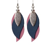 Image 1 of Australian made leather earrings - Leaf. Rose gold, navy blue, pretty pink [LNP-876]