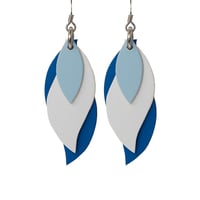 Image 1 of Australian made leather earrings - Leaf. Powder blue, white, cobalt blue [LWB-883]