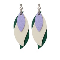 Image 1 of Australian made leather earrings - Leaf. Lilac, cream, forest green [LLG-882]
