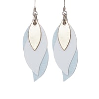Image 1 of Australian made leather earrings - Leaf. Gold, white, ice blue [LGI-889]