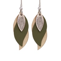 Image 1 of Australian made leather earrings - Leaf.  Rose gold, olive green, matte rose gold [LOG-864]
