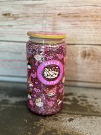 Image 1 of 16oz Kuromi Love Coffee Glass Snow Globe Tumbler