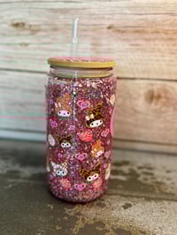 Image 4 of 16oz Kuromi Love Coffee Glass Snow Globe Tumbler