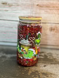 Image 3 of 16oz Grinch Holiday Coffee Glass Snow Globe Tumbler