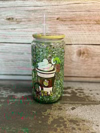 Image 2 of 16oz Grinch Holiday with Green glitter Glass Snow Globe Tumbler