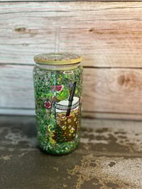 Image 4 of 16oz Grinch Holiday with Green glitter Glass Snow Globe Tumbler
