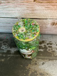 Image 5 of 16oz Grinch Holiday with Green glitter Glass Snow Globe Tumbler