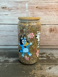 Image 1 of 16oz Spring Bluey  Glass Snow Globe Tumbler