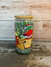 Image 1 of 16oz Grinch Christmas Coffee Glass Snow Globe Tumbler