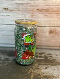Image 2 of 16oz Grinch Christmas Coffee Glass Snow Globe Tumbler