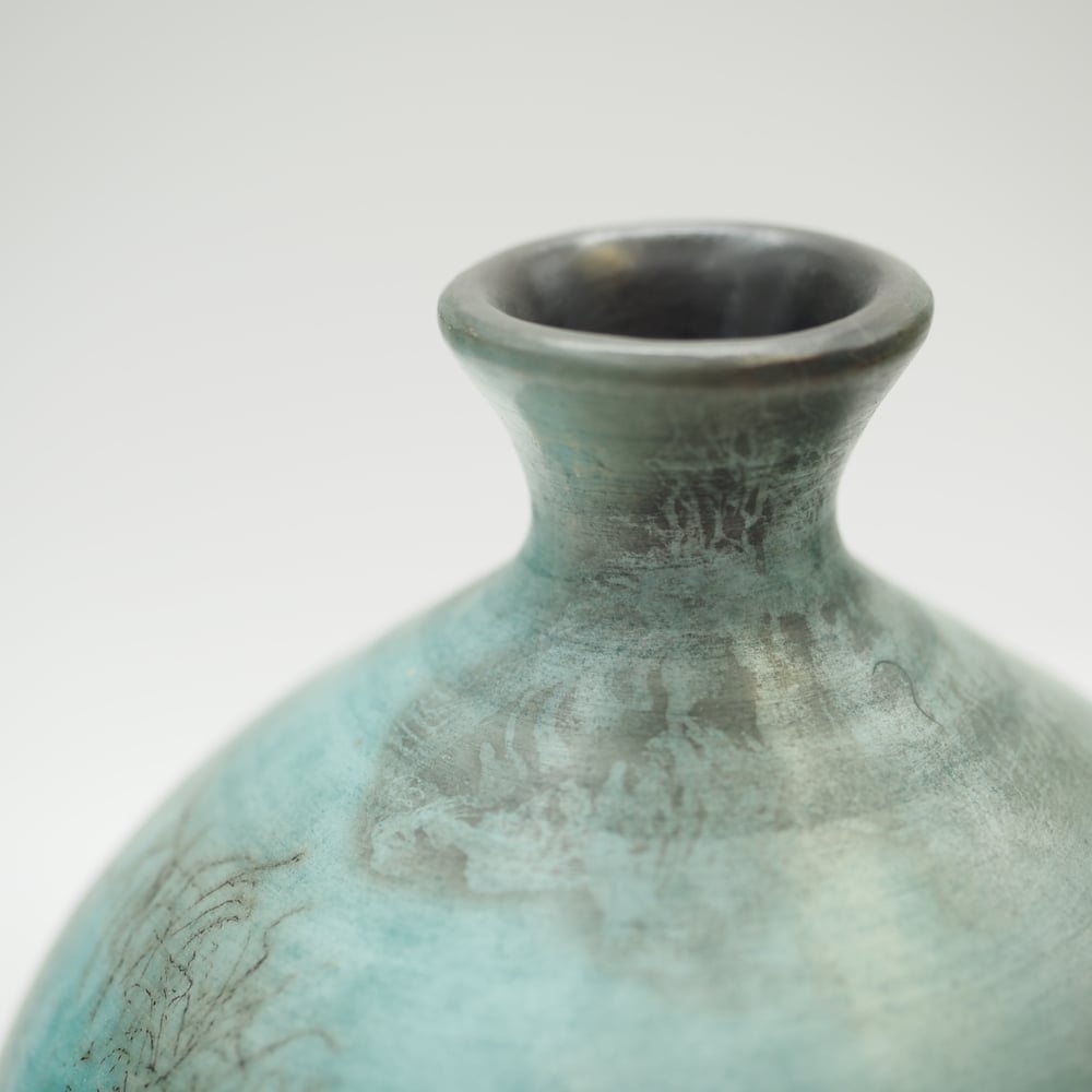 Image of Blue Ghost Feather Raku Pot 002