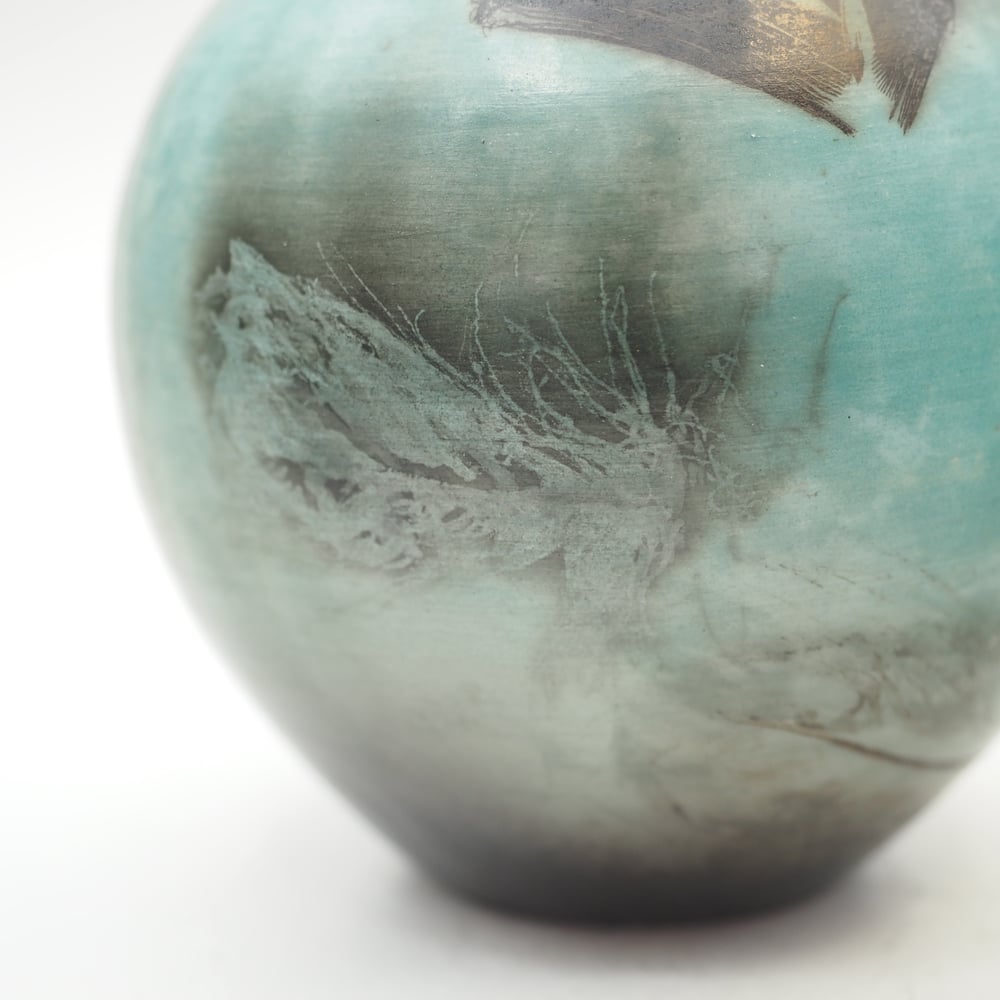 Image of Blue Ghost Feather Raku Pot 002