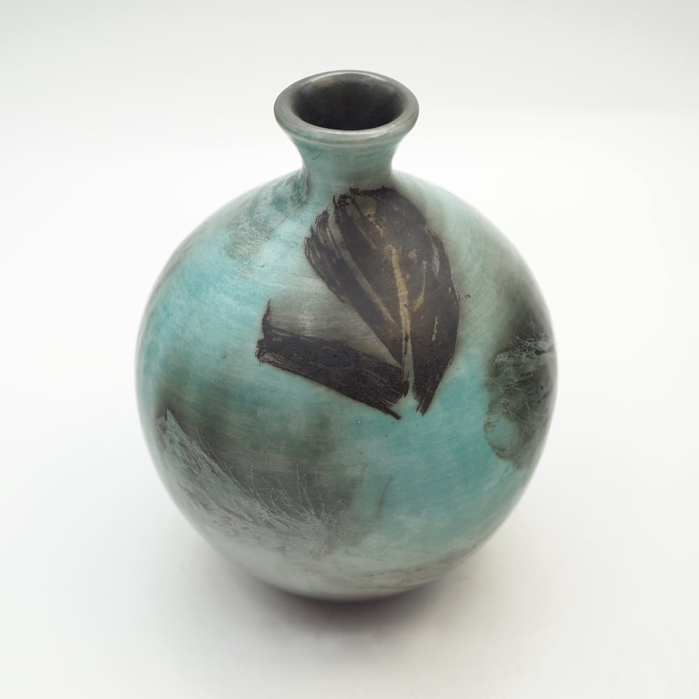Image of Blue Ghost Feather Raku Pot 002
