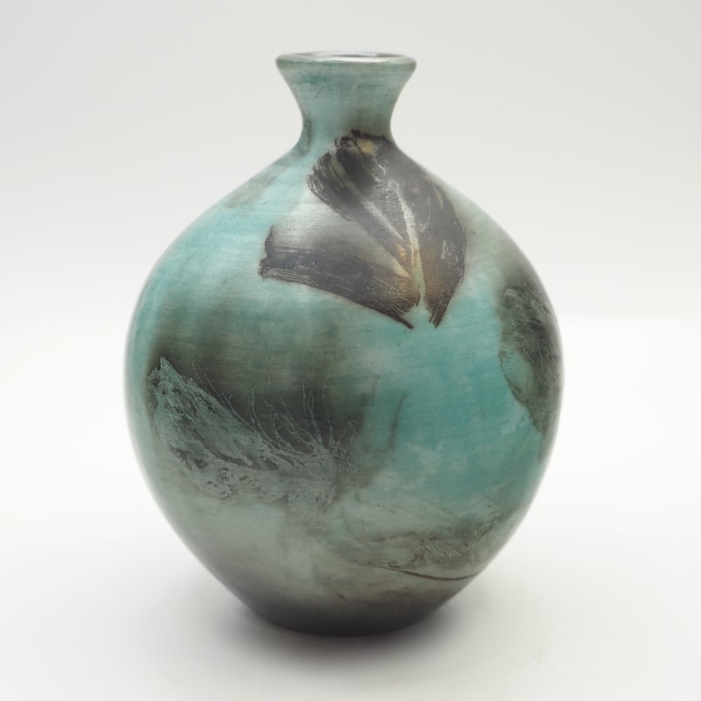Image of Blue Ghost Feather Raku Pot 002