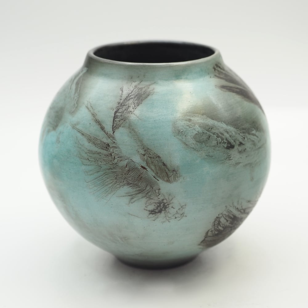 Image of Blue Ghost Feather Raku Pot 001