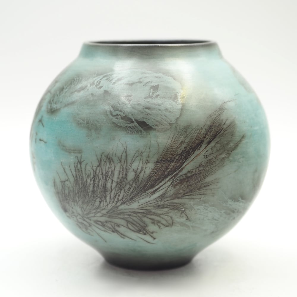 Image of Blue Ghost Feather Raku Pot 001