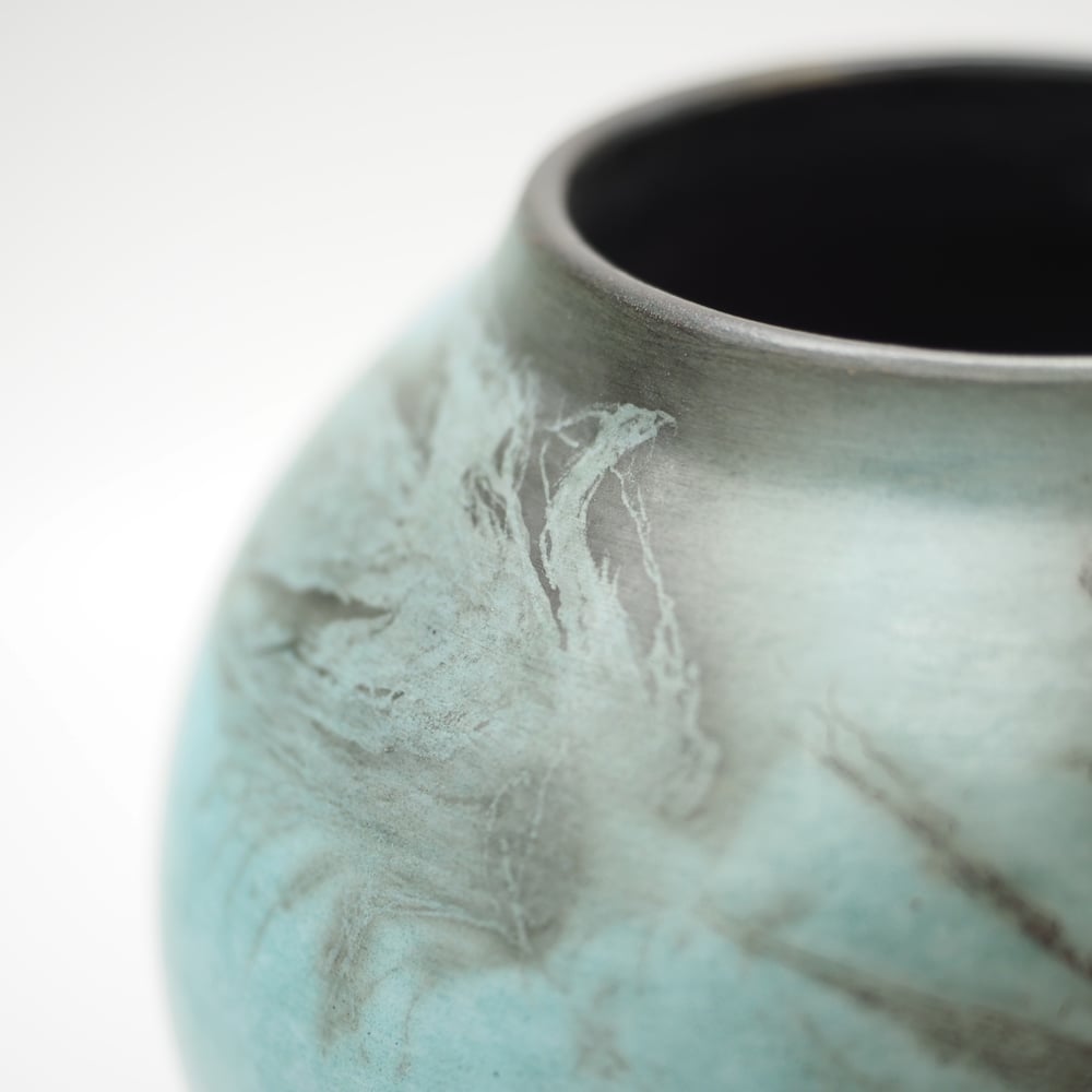 Image of Blue Ghost Feather Raku Pot 001