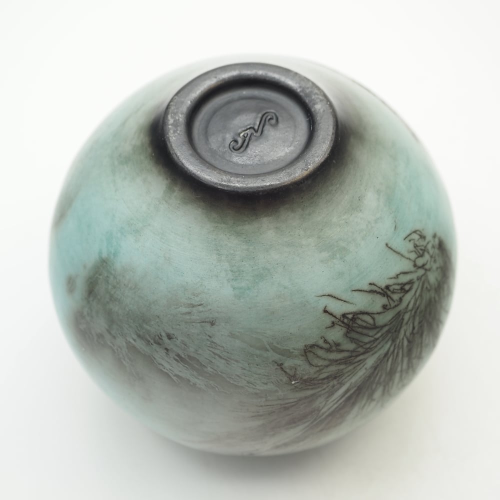 Image of Blue Ghost Feather Raku Pot 001
