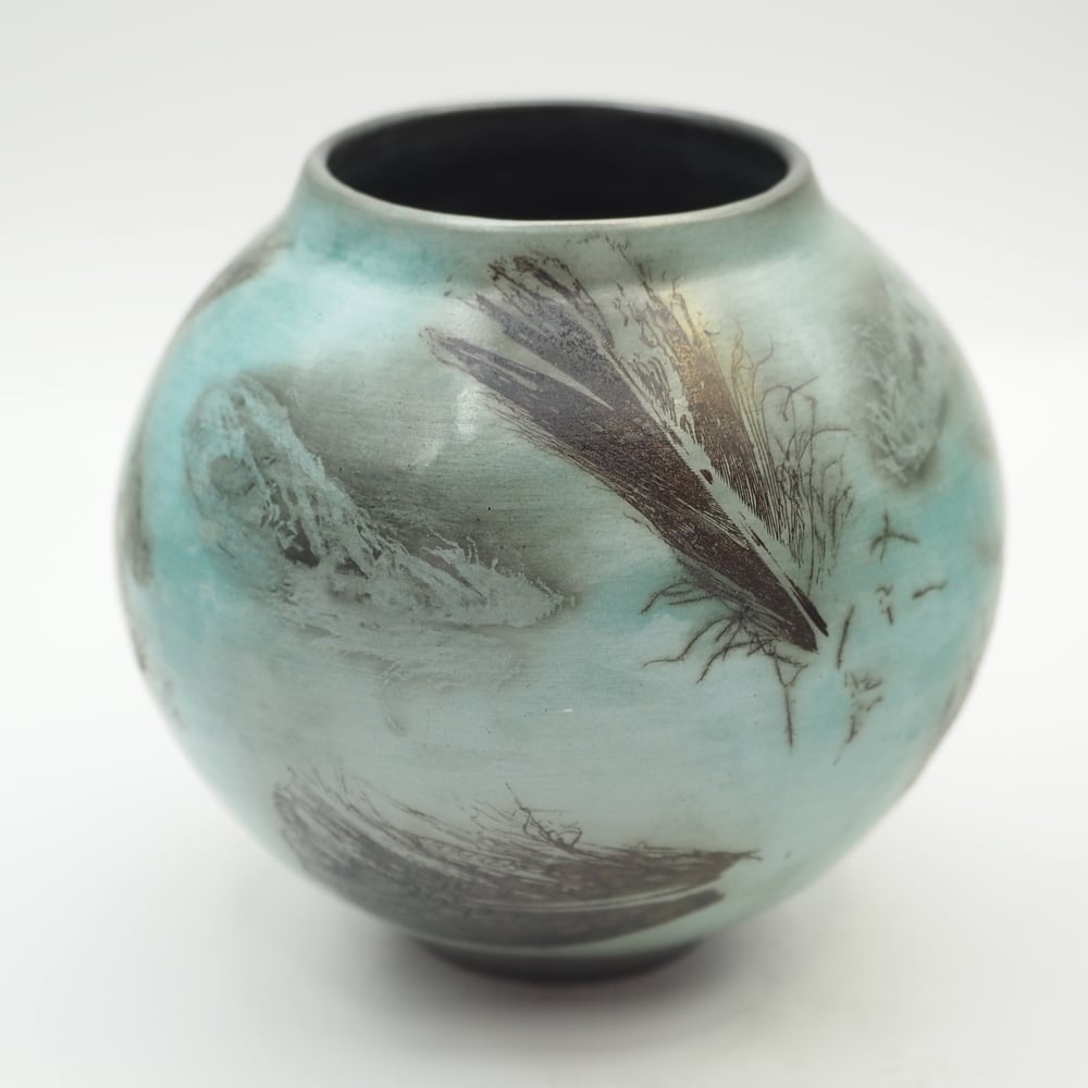 Image of Blue Ghost Feather Raku Pot 001