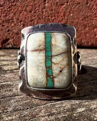 Image 2 of WL&A Rustic Bronze & Sterling Royston Ribbon Turquoise Thunderbird Signet - Size 11