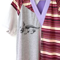 Image 2 of purple triceratops courtneycourtney adult size XL extra large vneck raglan short sleeve tee tshirt