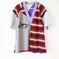 Image 1 of purple triceratops courtneycourtney adult size XL extra large vneck raglan short sleeve tee tshirt
