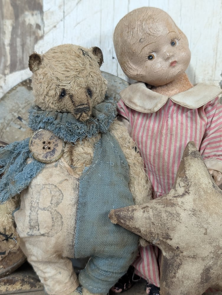 Image of  7" -Vintage Old Primitive Teddy Bear in romper  by Whendi's Bears