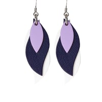 Image 1 of Australian made leather earrings - Leaf. Lilac, dark purple and white [LPP-140]