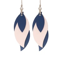 Image 1 of Australian made leather earrings - Leaf. Navy blue and powder pink [LPB-417]