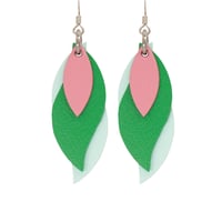 Image 1 of Australian made leather earrings - Leaf. Pink, fern green, mint green [LPG-613]