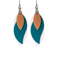 Image 1 of Australian made leather earrings - Leaf. Tan, teal green, white [LGR-130]
