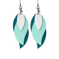 Image 1 of Australian made leather earrings - Leaf.  White, spearmint green, teal green [LGM-018]