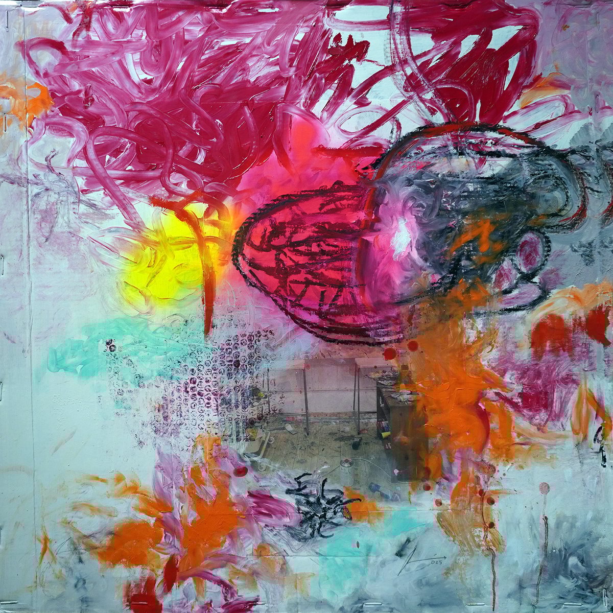 Image of En el taller. Con nido. Técnica mixta sobre cartón. 87x86 cm