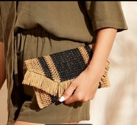 Image 1 of Black and Tan Straw Clutch 