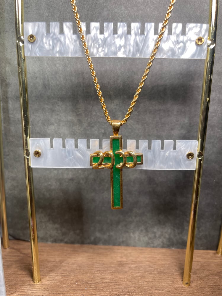 Image of Gold Tone Green Jade Colored Cross 4 Rings Religious Crucifix