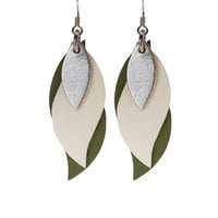 Image 1 of Australian made leather earrings - Leaf. Gold, blush cream, olive green [LGO-231]