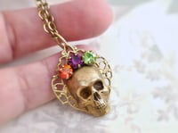 Image 1 of Skull Necklace - Sugar Skull, Antique Gold-Tone Gothic Skeleton Jewelry, Medieval Day of the Dead 