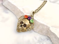 Image 3 of Skull Necklace - Sugar Skull, Antique Gold-Tone Gothic Skeleton Jewelry, Medieval Day of the Dead 