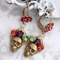 Image 3 of Skull Earrings - Sugar Skull Dangle Earrings with Blood-Red Flowers, Skeleton Jewelry