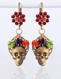 Image 2 of Skull Earrings - Sugar Skull Dangle Earrings with Blood-Red Flowers, Skeleton Jewelry