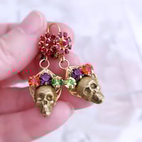 Image 1 of Skull Earrings - Sugar Skull Dangle Earrings with Blood-Red Flowers, Skeleton Jewelry