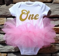 Image 1 of First Birthday Sparkly “One” Pink Tutu Bodysuit Baby Girl’s Dress