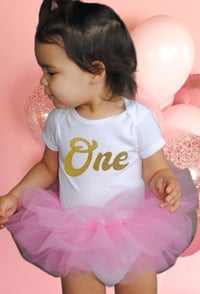 Image 2 of First Birthday Sparkly “One” Pink Tutu Bodysuit Baby Girl’s Dress