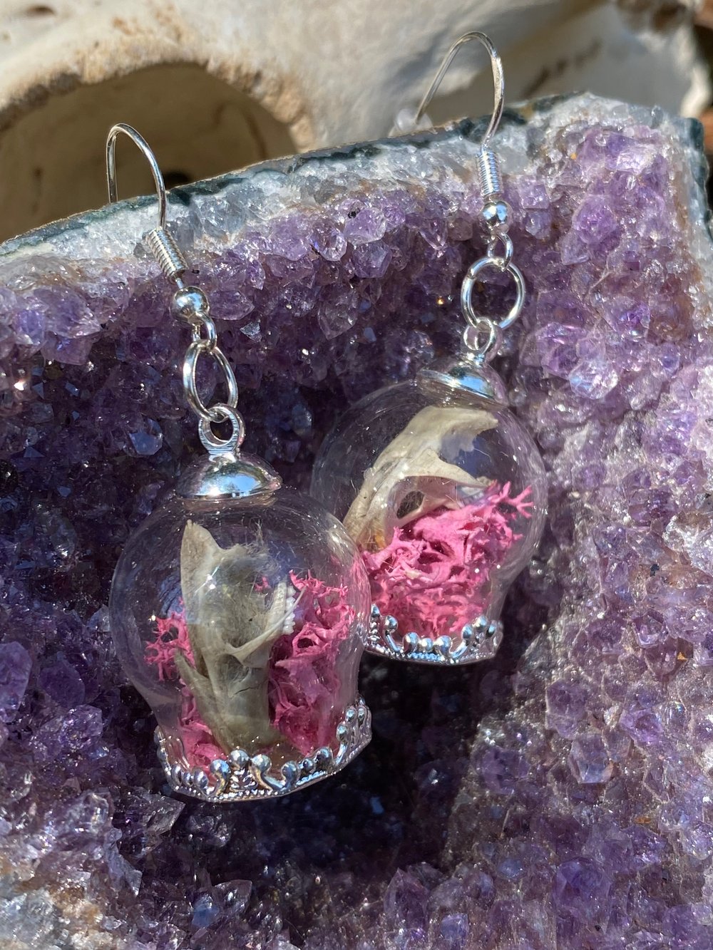Image of Mini Skull Terrarium Earrings ~ Pink Moss