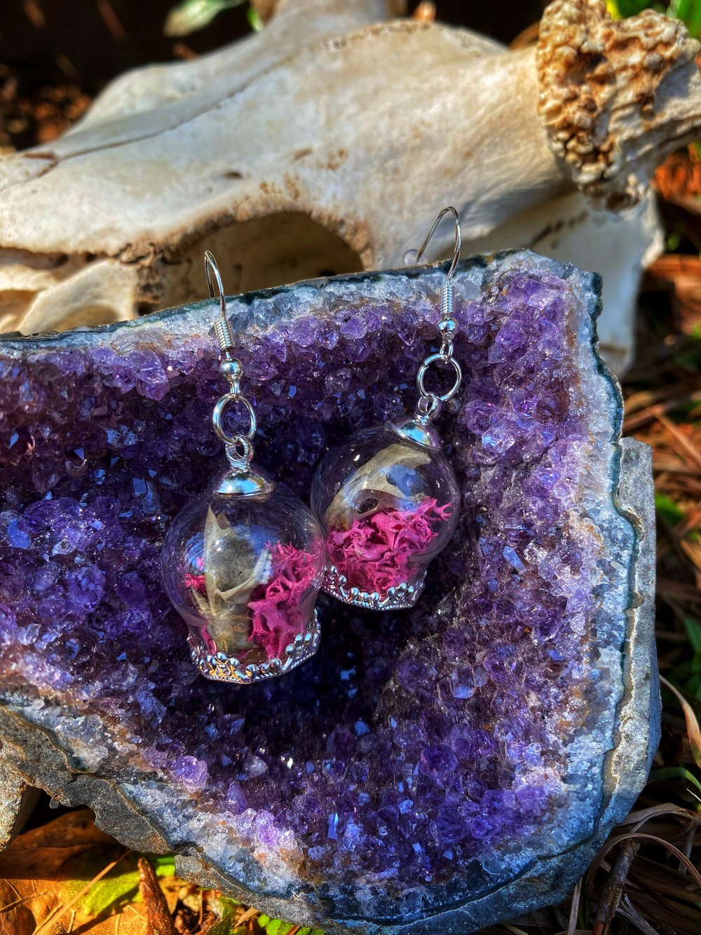 Image of Mini Skull Terrarium Earrings ~ Pink Moss