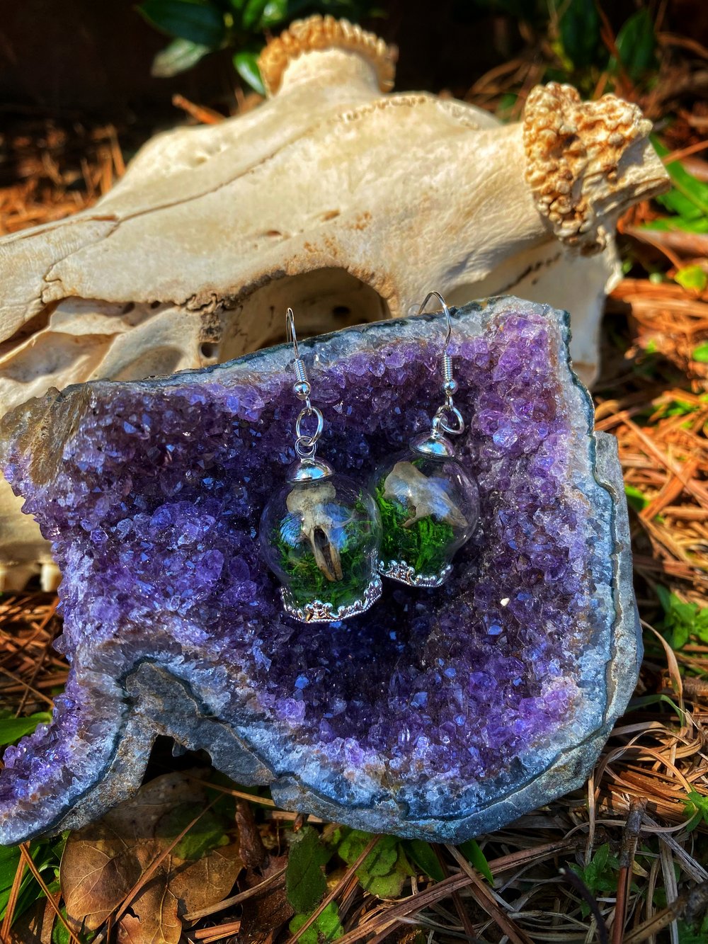 Image of Mini Skull Terrarium Earrings ~ Green Moss
