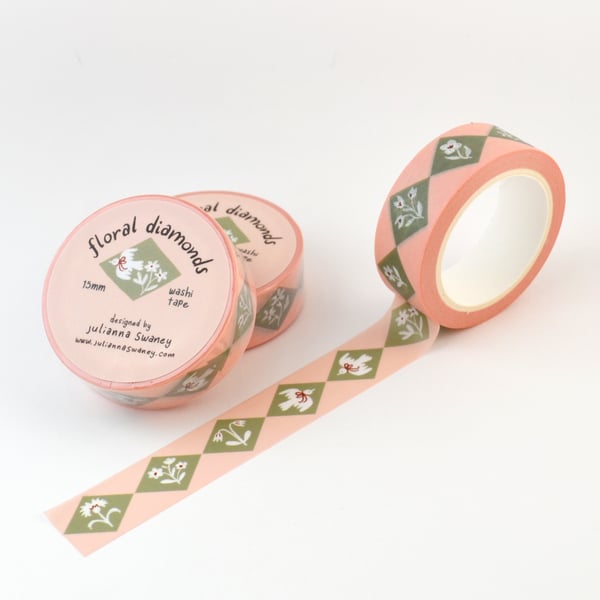 Image of Floral Diamonds Green 15mm Washi Ta