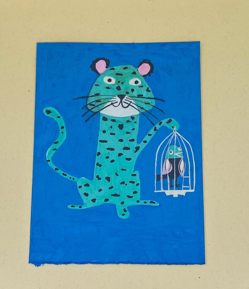 Image of A leopard with his bird. original painting