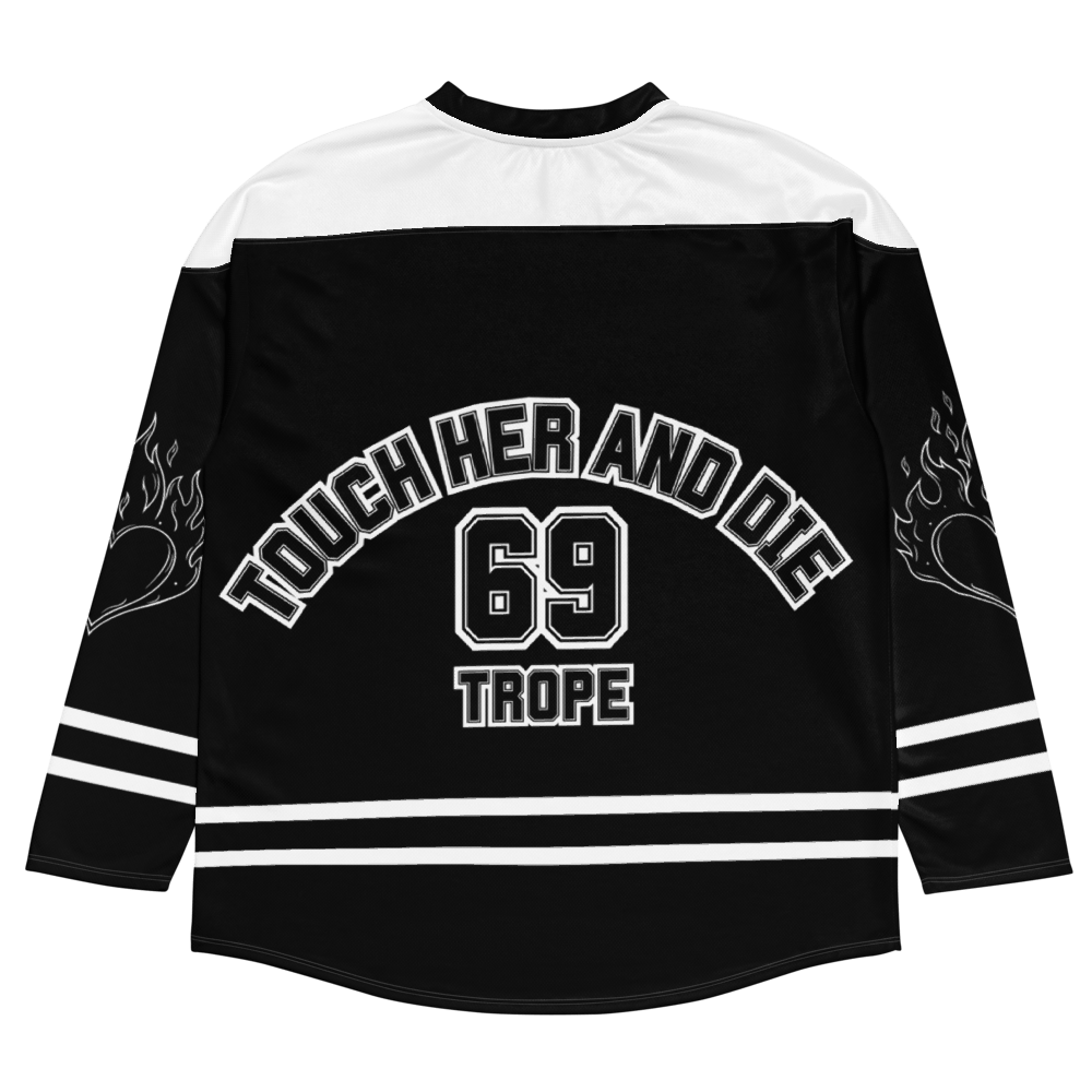 Image of Touch her and die trope Recycled hockey fan jersey