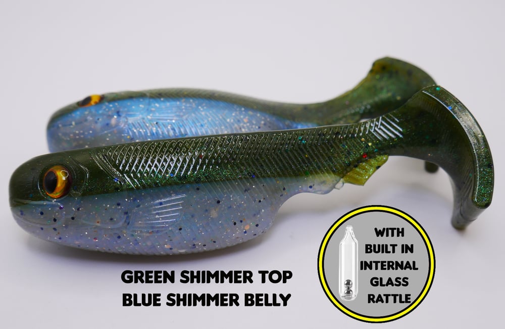 Image of 3.5" Epic Pud Swimbait with Internal Rattles (Split Belly) (2 Pack) Green Shimmer Top/Blue Shimmer